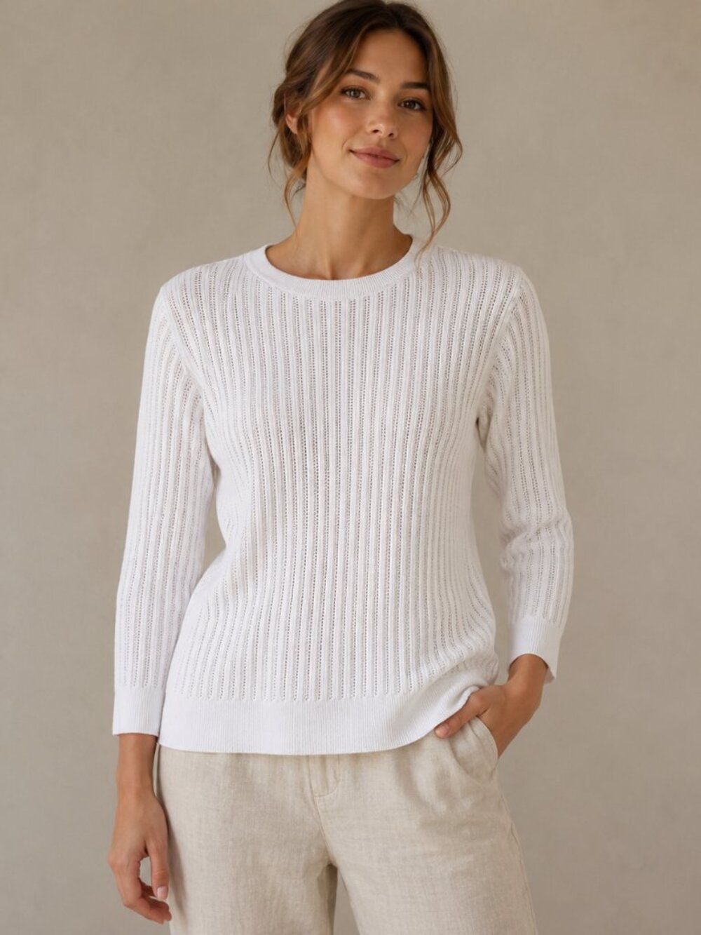 1901 White Ribbed Pima Cotton Blend Crewneck Sweater Women's Large 3/4 sleeved